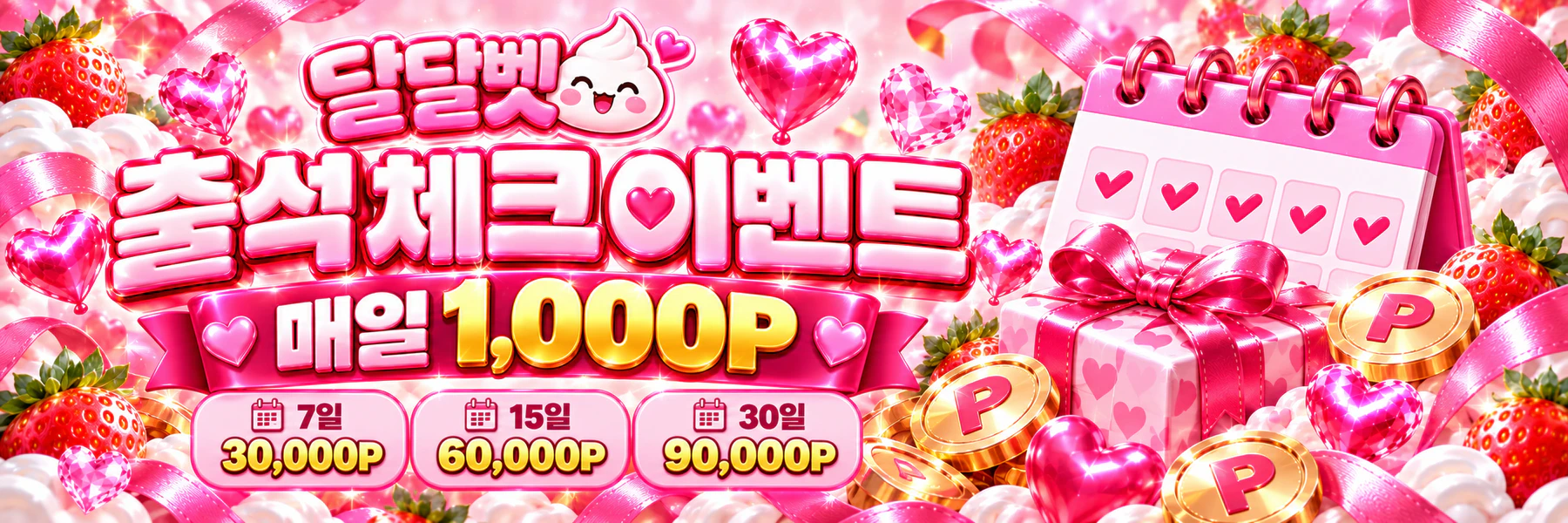 달달벳 출석 체크 이벤트. 매일 1,000P. 7일 30,000P · 15일 60,000P · 30일 90,000P