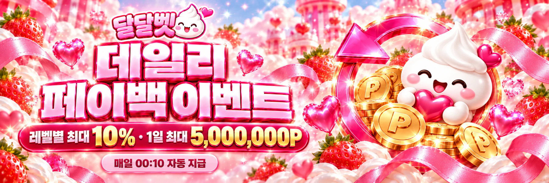 달달벳 데일리 페이백 이벤트. 레벨별 최대 10% · 1일 최대 5,000,000P. 매일 00:10 자동 지급